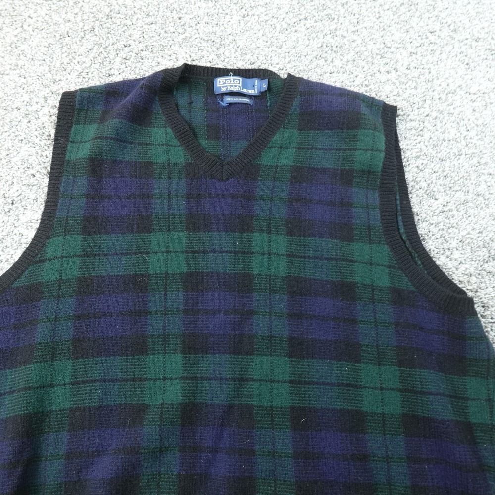 VTG Polo Ralph Lauren Vest Mens L Blackwatch Tartan Plaid Lambswool Sweater 90s - Picture 1 of 7